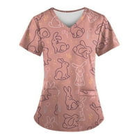 Žene modno uskrsni print V-izrez s kratkim rukavima s džepovima vrhovi ružičastih xxxxl
