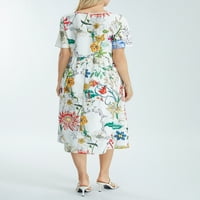 Ženska boho duga haljina elegantna haljina kratkih rukava s okruglim vratom cvjetna haljina labava ljetna ležerna