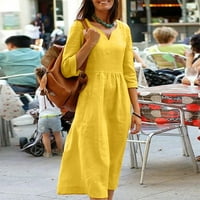 Ljetne haljine za žene do gležnja, Rukav A kroja, Labav, izrez u obliku inča, jednobojna haljina za datum, Žuta,