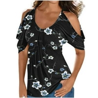 Rasprodaja ženske casual majice s okruglim vratom s ramena s nabranim cvjetnim printom kratkih rukava lepršavi