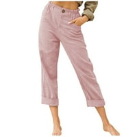 Ženske ljetne hlače od pamuka i lana, ravne hlače visokog struka, opuštene Ležerne hlače s džepovima