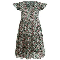 Retro Ženska ljetna haljina s cvjetnim uzorkom u obliku slova U, S volanima, rukavom-šišmišom, a-line midi haljine