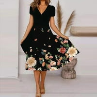 Cuoff haljine za žene žene ljeto casual modni cvjetni cvjetni print kratki rukav v-izrez za ljuljanje crno s