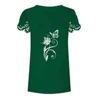 Ženske modne Ležerne široke majice s izrezom u obliku slova U i čipkastim printom kratkih rukava, vrhovi u zelenoj