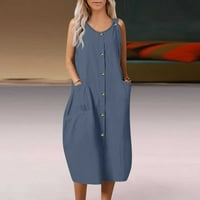 Ženska modna jednobojna ljetna haljina srednje duljine A kroja bez rukava s plavim izrezom u obliku slova A u