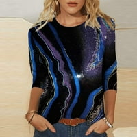 Ženska modna tiskana majica za rukave srednje duljine bluze okrugli vrat casual vrhovi s rastezljivim košuljama