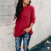 Modna ženska pletiva s okruglim vratom Casual Top pulover džemper dugih rukava crvena