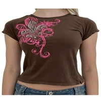 Ženski Vintage Crop Top s kratkim rukavima s printom, estetska majica s okruglim vratom, majica s tankom bluzom