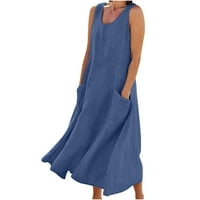 Ženska haljina za čišćenje plus veličine ljeto ležerna čvrsta boja pamučna lane dugačka mornarca 14
