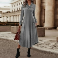Ženske visoke struke jesenske duge haljine bočni džepovi labavi gumb rušerana solidna boja haljina dugih rukava