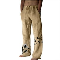 Muške ljetne pamučne platnene hlače s širokim nogama tiskane čipke Up Leisure Sportske blagdanske hlače bež xxxl