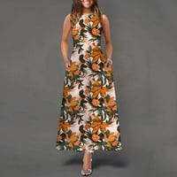 Ljetne haljine za žene Bez rukava do gležnja, ležerna haljina A kroja s printom s okruglim vratom, narančasta