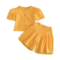 Dvije jednobojne majice kratkih rukava za djevojčice na kopčanje i žute rastezljive kratke hlače
