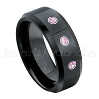 Crni volfram prsten s kosim rubom-0,21 karatni ružičasti turmalinski prsten s 3 kamena-personalizirani zaručnički