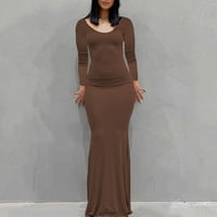 Ženska jednobojna duga haljina s izrezom u obliku slova B i dugim rukavima, bez leđa, Plus size haljine za žene