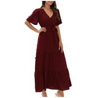 Ženska ljetna haljina od čvrstog rukava s V-izrezom boemsko labavo dugačka haljina vino l