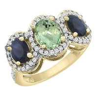 10K žuto zlato, prirodni zeleni ametist i plavi safir, prsten od 3 kamena, ovalni dijamantni naglasak, veličina