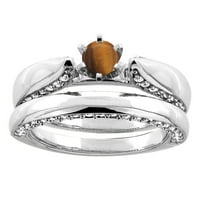 2-dijelni set vjenčanih prstenova od prirodnog tigrovog oka od 10k bijelog zlata s dijamantnim umetcima okruglog