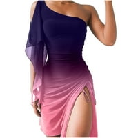 Ženske ruffle s jednim ramenima mini haljine gradijent print šifon bez rukava vitki fit ruched crtani prorez za
