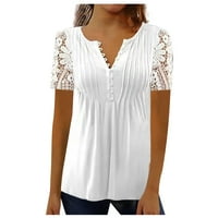Tking modne ženske labave tiskane vrhove kratkih rukava Summer v Neck Pletena čipkasta majica bijele m