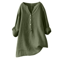 Ženski trendi pamučni laneni vrhovi zazor Čvrsti majice košulje dugih rukava v gumb za pulover vrat casual prodaja