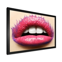 Dizajnerska umjetnost lijepe ženske usne s ružičastim ružem uokvireni moderni umjetnički tisak