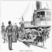 Njujork: Imigranti, 1892. Imigranti stižu brodom u Njujork. Graviranje, Amerikanac, 1892. Ispis plakata od