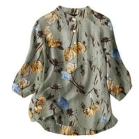 Ženske Ležerne pamučne lanene majice, ljetne bluze s cvjetnim printom dugih rukava, košulje s okruglim vratom