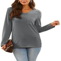 Ženska majica s okruglim vratom, jednobojna majica, osnovna bluza od tunike, široki jesenski vrhovi u tamnoplavoj