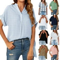 Ženske majice modne ženske karirane Ležerne jednobojne majice od pamuka i lana s vezom s kratkim rukavima;