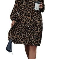 Ženske haljine A kroja s boho ovratnikom s leopard printom s dugim rukavima u boji kave smeđe boje