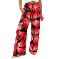Ženske široke hlače s printom, rastezljive Palazzo hlače visokog struka, ženske Ležerne hlače u crvenoj boji