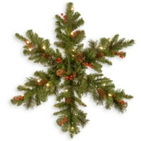 Unaprijed osvijetljena lažna Božićna viseća snježna pahuljica Zelena smreka ukrašena šišarkama, bobičastim grozdovima,