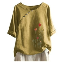 Ženske ljetne košulje s modnim printom s okruglim vratom na kopčanje bluza kratkih rukava od pamuka i lana Ležerne