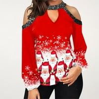 Božićni vrhovi za žene, Ženska ležerna božićna bluza s dugim rukavima s ramena, majice