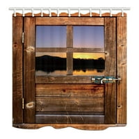 Drvena vrata s prozorom za Zalazak sunca i rijeku, zavjesa za tuširanje od poliesterske tkanine za kupaonicu