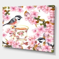 DesignArt 'čaša čaša ptice i ružičasto cvijeće' tradicionalno platno zidne umjetničke tiska