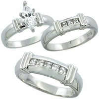 Sterling Silver Cubic Circonia Trio zaručnički vjenčani prsten za njega i njezinu princezu set kanala, ženska