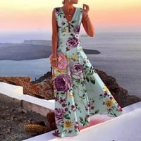 Ženska ležerna haljina za odmor s izrezom u obliku slova u obliku slova U i cvjetnim printom bez rukava s patentnim