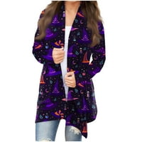 Ženska modna ležerna kardigan jakna srednje duljine s printom za Noć vještica, kaput za žene u tamnoljubičastoj