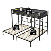 Aukfa Metal Trostruki krevet na kat s drvenim letvicama podrška za djecu tinejdžere, blizanci preko blizance i