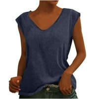 Ležerna bluza s izrezom u obliku slova u, jednobojni ljetni vrhovi kratkih rukava za žene u tamnoplavoj boji