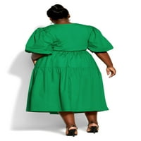 Ženska Bečka haljina Plus Size U donjem dijelu s rukavima do lakta i okruglim vratom-svijetlo zelena