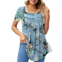 Ženska modna ležerna majica s okruglim vratom s cvjetnim printom s kratkim rukavima nebesko plava, poliester