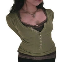 Ženska jesenska opremljena majica s dugim rukavima u kontrastnoj boji S izrezom u obliku slova U, odjeća za svakodnevno