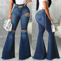 Ženske traperice s džepovima s patentnim zatvaračem i gumbima, casual traper flare, široke uske hlače u plavoj