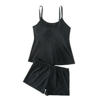 Ženski dvodijelni kupaći kostim za podešavanje trbuha, crni set, konzervativni modni set s ravnim naramenicama,