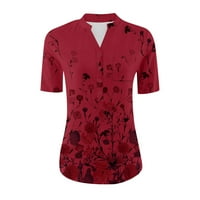 Ženske majice s kratkim rukavima s printom, Ležerne ženske ljetne majice s izrezom u obliku slova U, crvena u