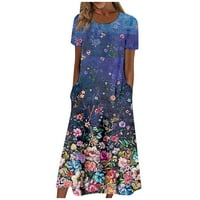 Ljetne haljine za ženske ljetne modne modne cvjetove otisnute kratke rukave okrugli vrat džepna haljina plava