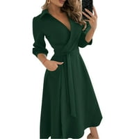 Ženska modna jednobojna duga haljina s izrezom u obliku slova U i vezanjem u obliku boka, Zelena +